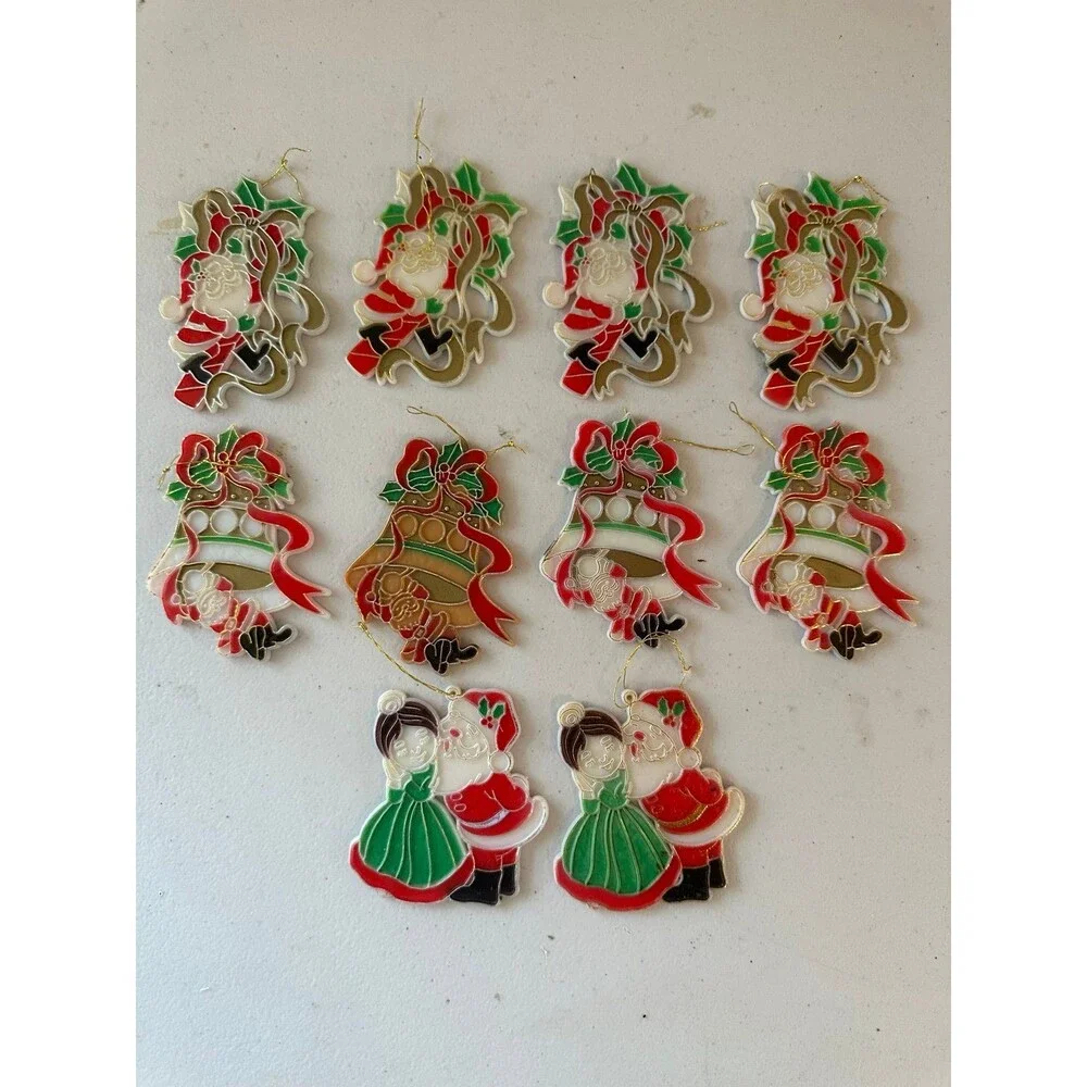 Vintage Set Of 10 Plastic Faux Stained Glass Style Santa Christmas Ornaments